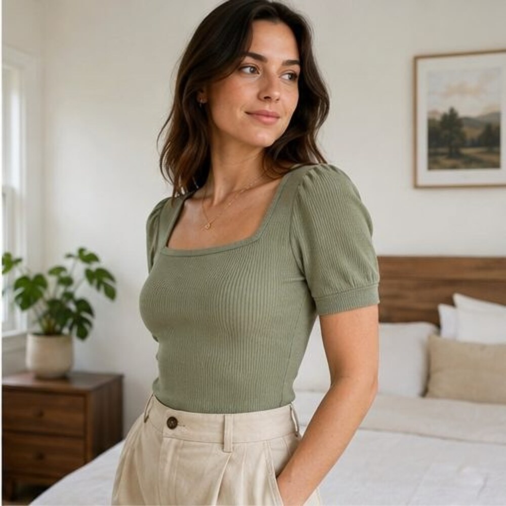 Sage Ribbed Square Neck Top - Picture 3 of 6
